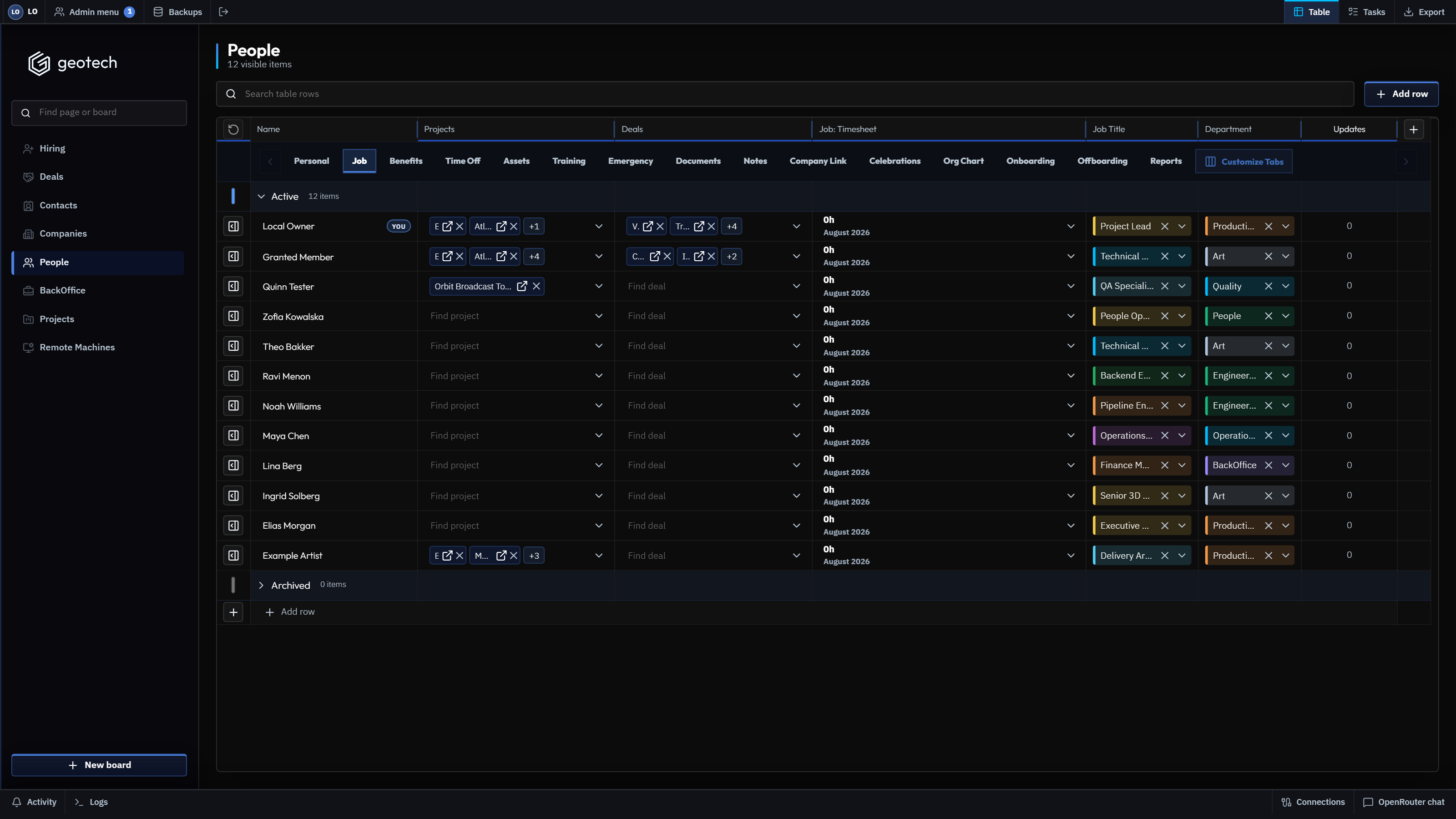 GeoTech ONE people operations workspace with synthetic employee records