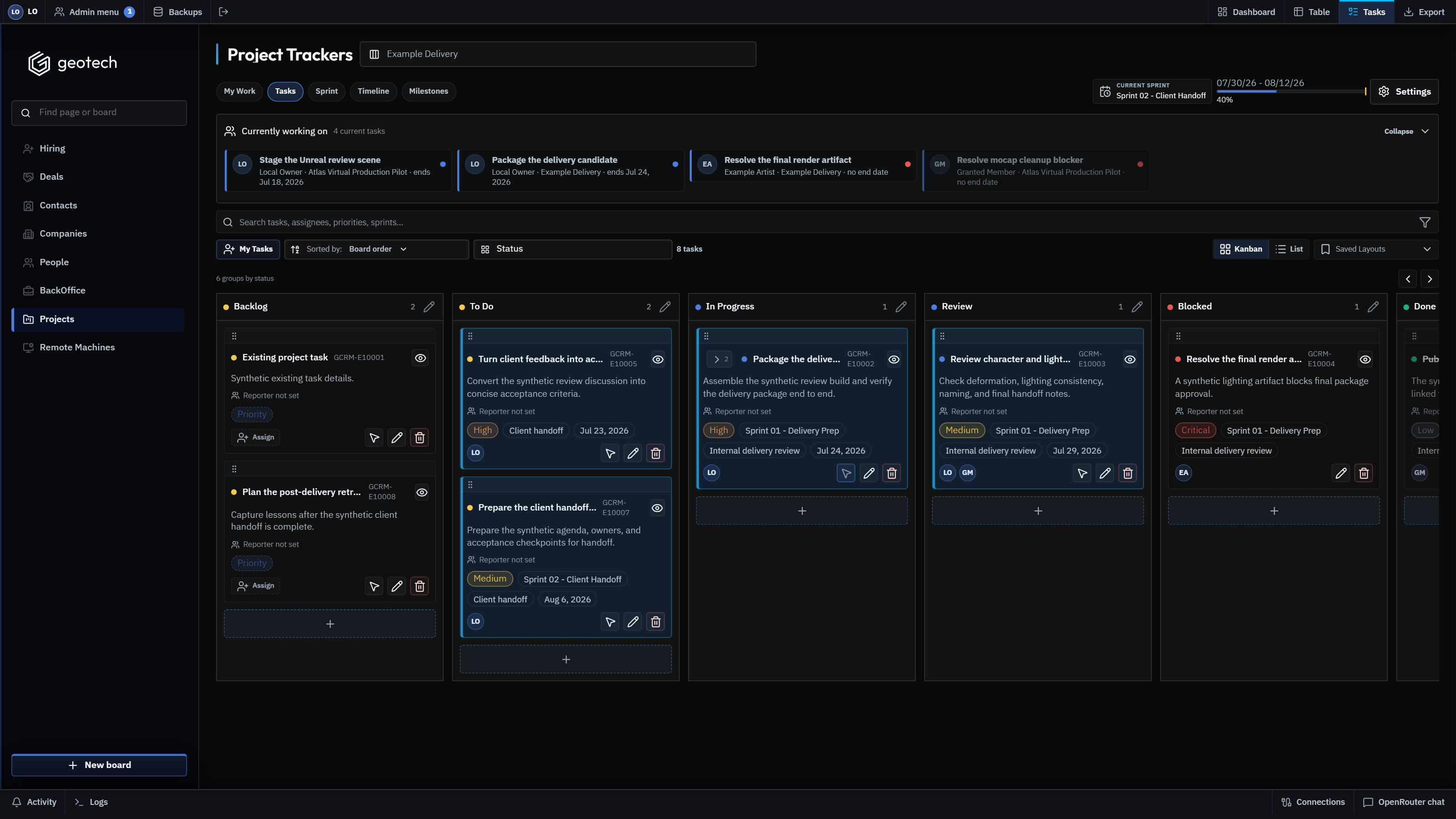 GeoTech ONE production workspace with synthetic active project tasks