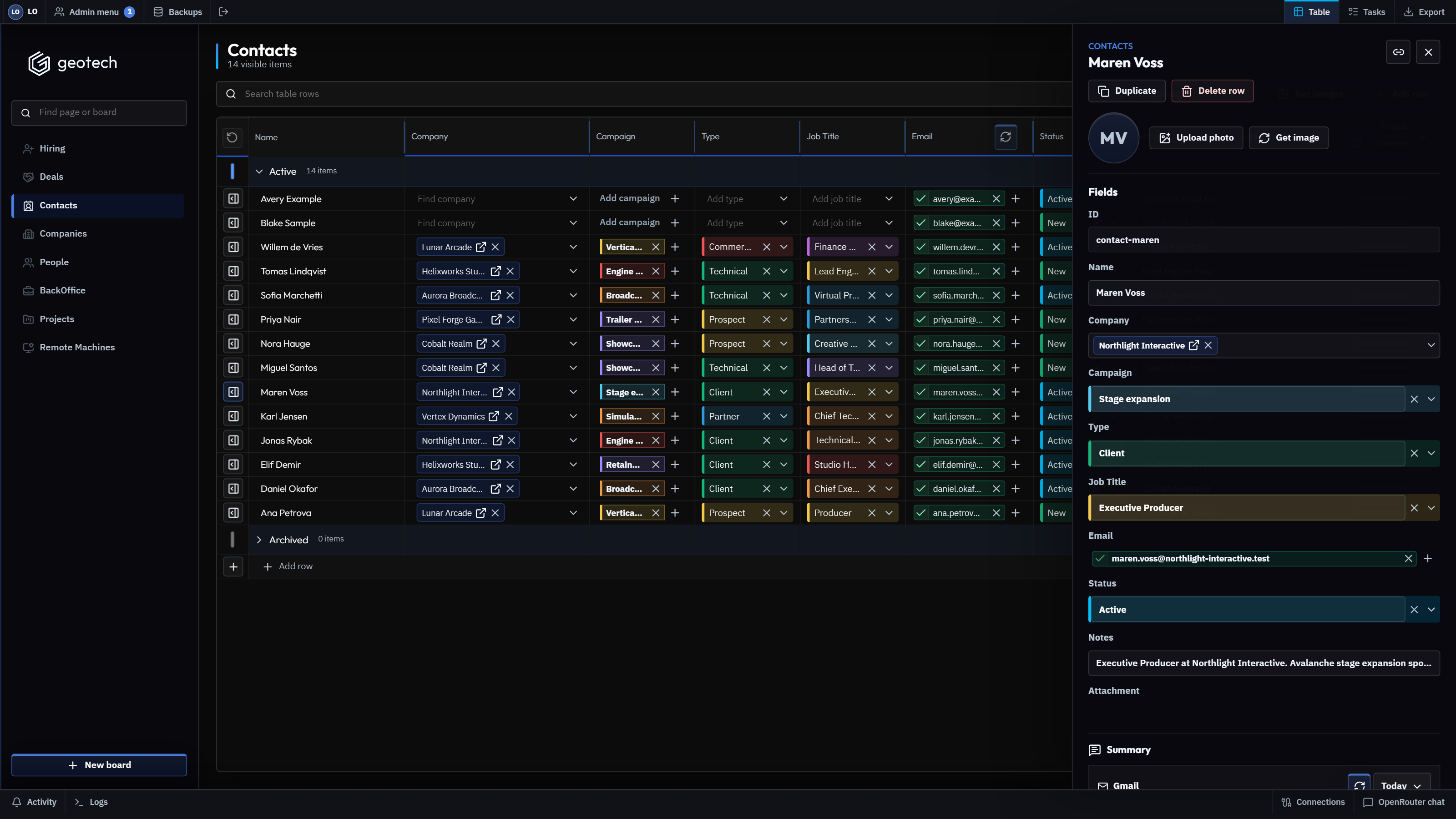 GeoTech ONE client relationship workspace with synthetic company and contact context